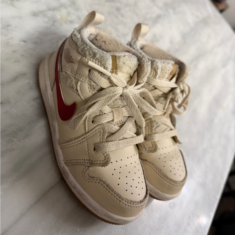 Nike Kids Cream High-Top Sneakers with Red Swoosh